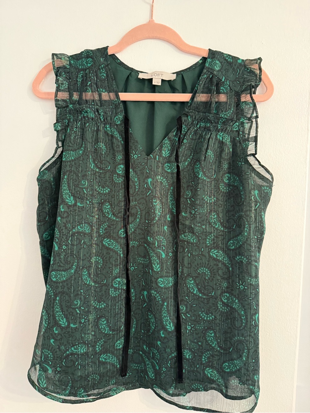 LOFT Dark Green Paisley Tie-Neck Sleeveless Blouse